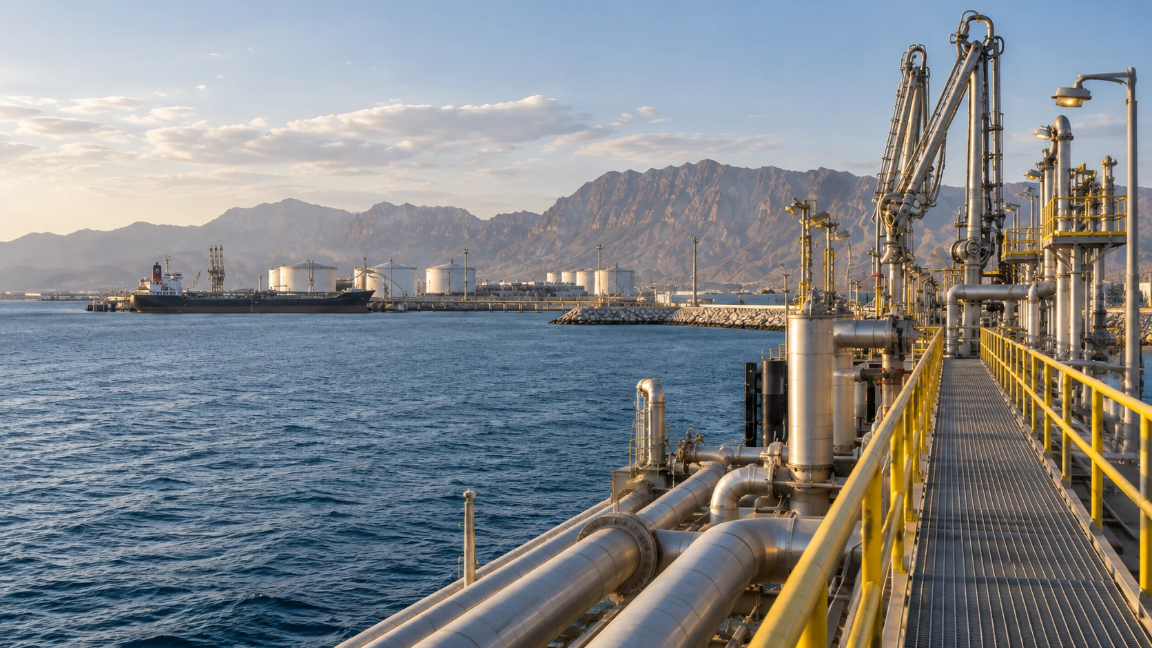 Process walkway and marine loading arms against a mountain coastline