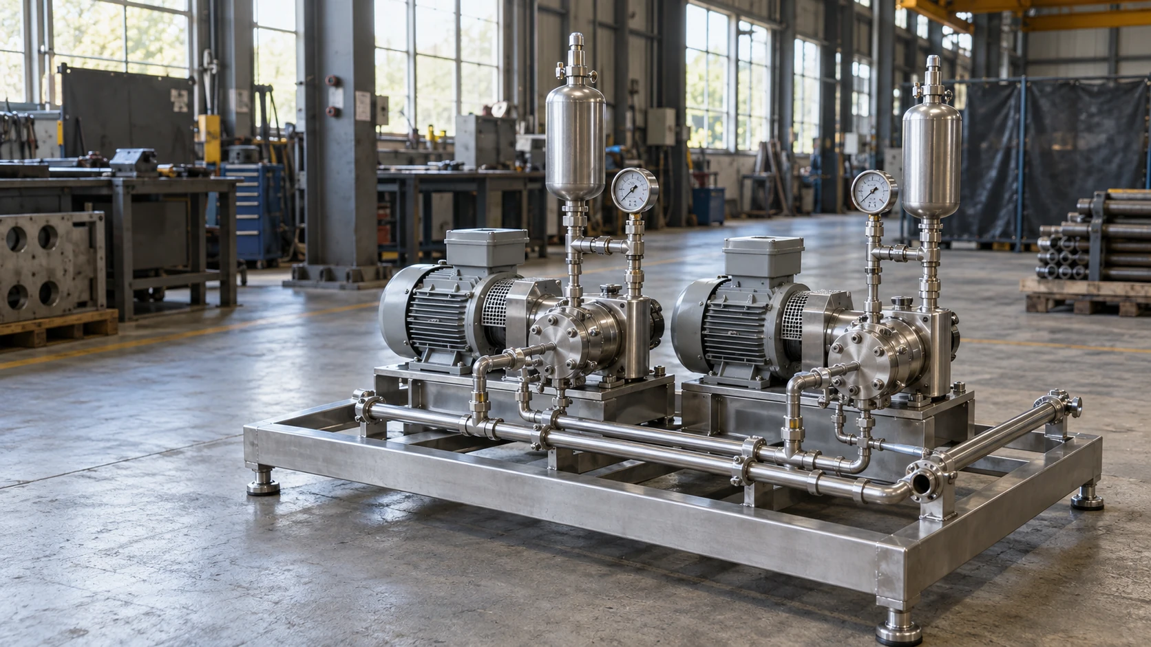 Stainless pump assemblies and pipework on a fabricated skid in a workshop