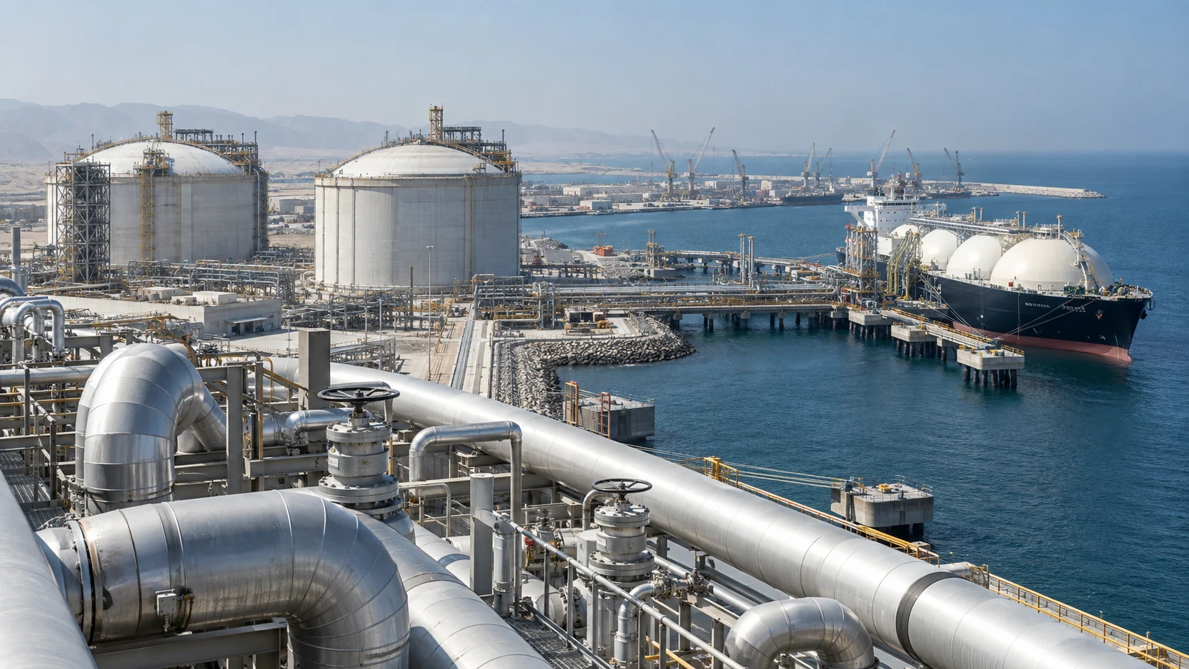 Cryogenic pipework and a gas carrier at a coastal terminal